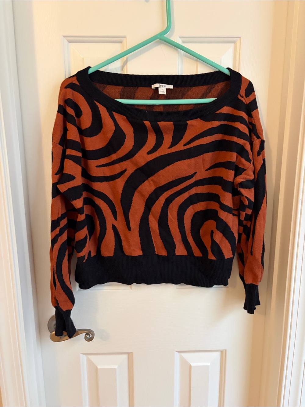 Bar III Black and Brown Zebra-Print off shoulder Sweater